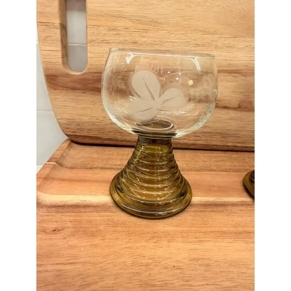 Vintage German Roemer Small Crystal Glasses Amber Color - Etched‎ Grape Design